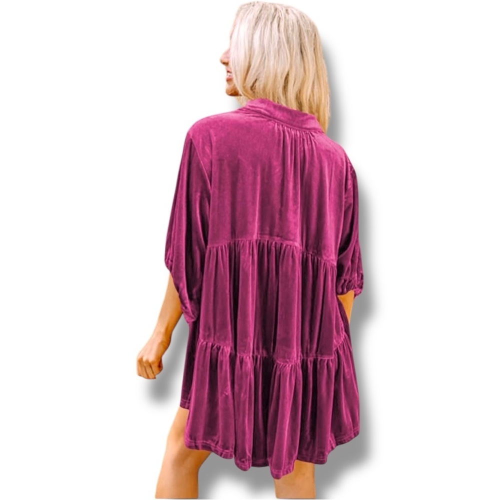 Chic Fuchsia Button-Front Velvet 3/4 Balloon Sleeves Tiered Collared Tunic Top - Picture 2 of 16